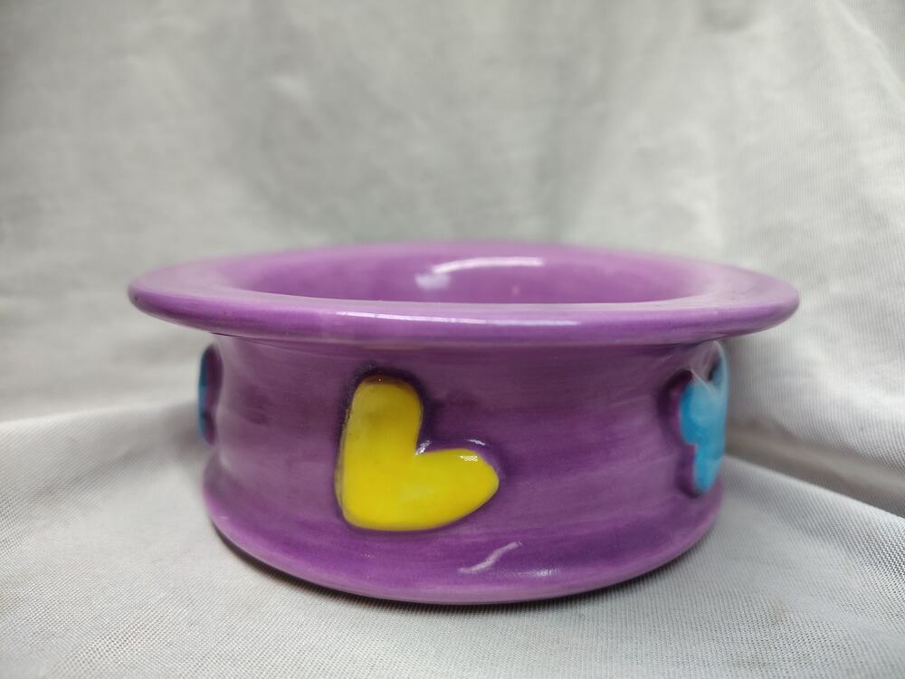 Debbie Carmen Ceramic Dog Bowl Purple Blue Bone Yellow Heart Whimsical Pet Dish
